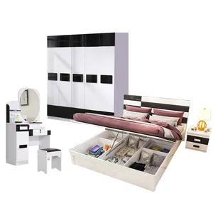 Kraliçe yatak odası mobilyası basit tasarım yatak odası takımı ile saklama kutusu parlak gardırop soyunma tablo ile
