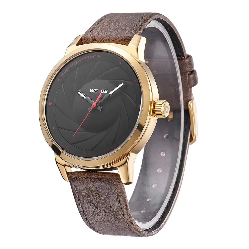 WEIDE WD005G-1C men 3atm water resistant Stop gold watch PU leather minimalist gold plated wrist watch