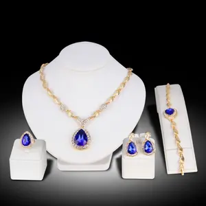 Set Perhiasan Modis Batu Mulia Biru Besar Berlapis Emas 18K dengan Zirkon AAA Set Perhiasan India Pengantin