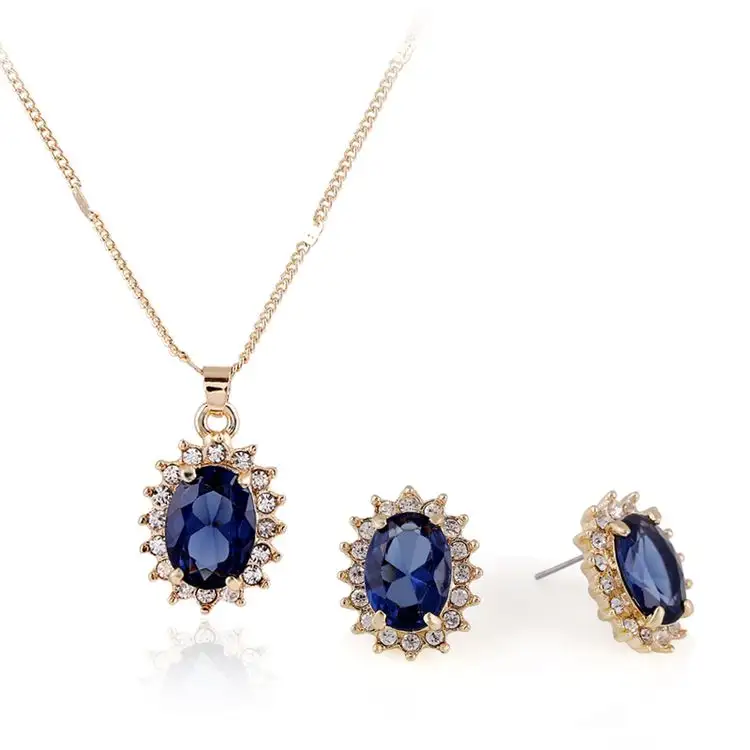 Pretty Blue Crystal Bridal Jewelry Set Gold Plated Elegant Pendant Necklace and Earrings