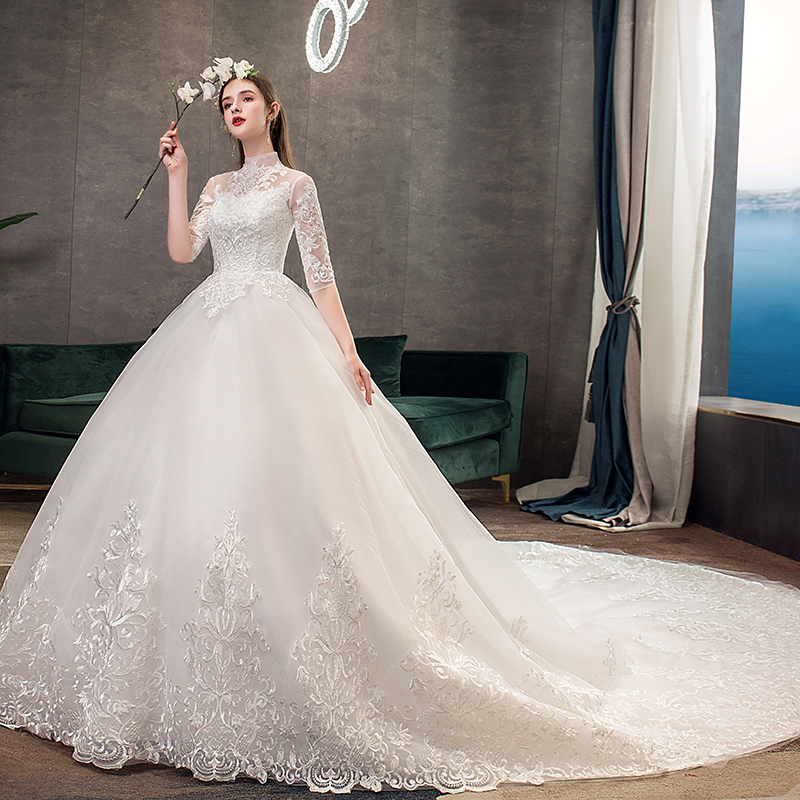 2019 High Neck 3/4 Sleeve Wedding Gown with Lace Embroidery