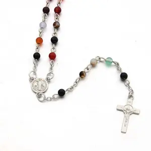 Agate Natural Stone Prayer Beaded Catholic Rosary, Crucifix Cross Christian Rosary Necklace