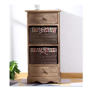 Factory Hot Wholesale Shabby Customized Living Room Wooden Storage Cabinet With Straw Basket