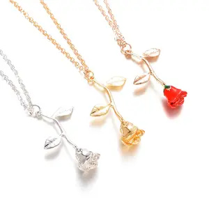 ขายส่ง Vintage Gold Plated 3D Rose ดอกไม้จี้สร้อยคอ Handmade Chain เครื่องประดับวาเลนไทน์ของขวัญ