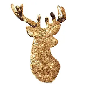 Christmas Deer Head Iron on Patches Sew on Embroidered Patch Sequin Appliques for DIY Motif Family Christmas Tops Home Decor