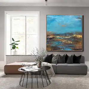 Golden Framed Hand Painted Deep Blue Sky And Beach Abstract Art Painting For Star Rated Hotel