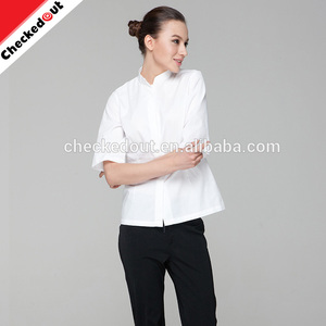 Alta calidad checkedout medio mangas Blanca chef wear <span class=keywords><strong>ropa</strong></span> mosca delantera de <span class=keywords><strong>camarero</strong></span> y camarera camisa - Product Image 3
