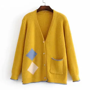 Oem long sleeves woolen computer knitted Jacquard cardigan yellow color womens sweater design with pockets