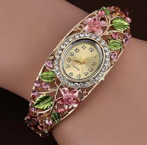 Gelang Jam Tangan Wanita, Arloji Lapis Emas Bunga Kristal Dress Quartz