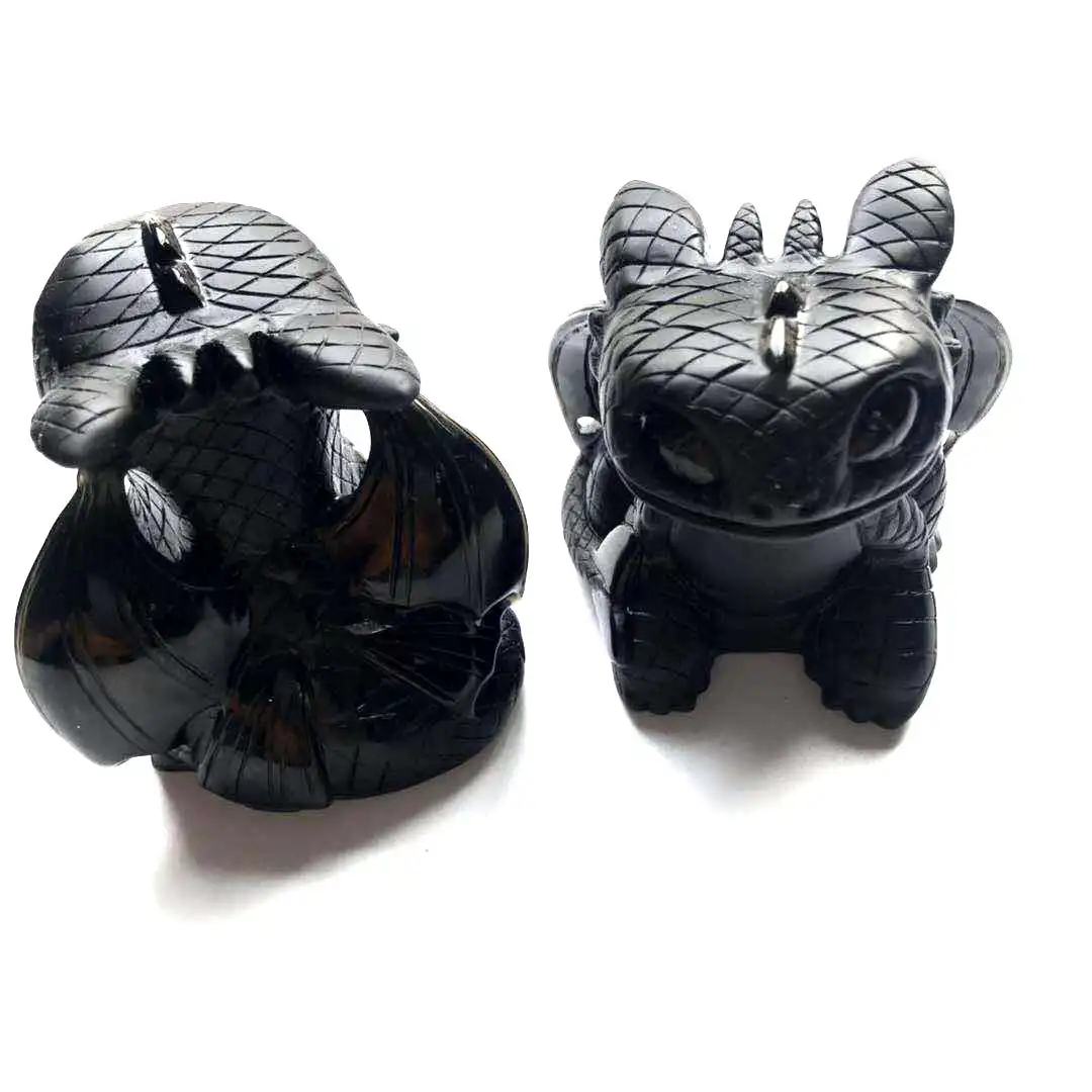 Chinese Hand Carved Teethless Dragon Natural Black Obsidian Quartz Crystal Dragon Figurine Image