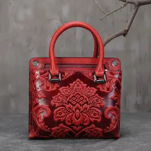 Bolsa de mão feminina em couro genuíno floral estilo chinês em relevo, novidade
