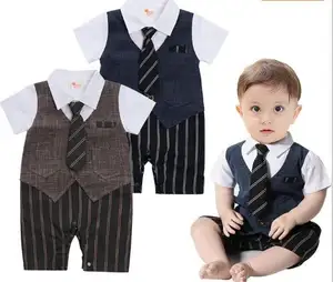 2019 儿童夏季短袖婴儿连衣裙条纹绅士婴儿服装男孩登山装备