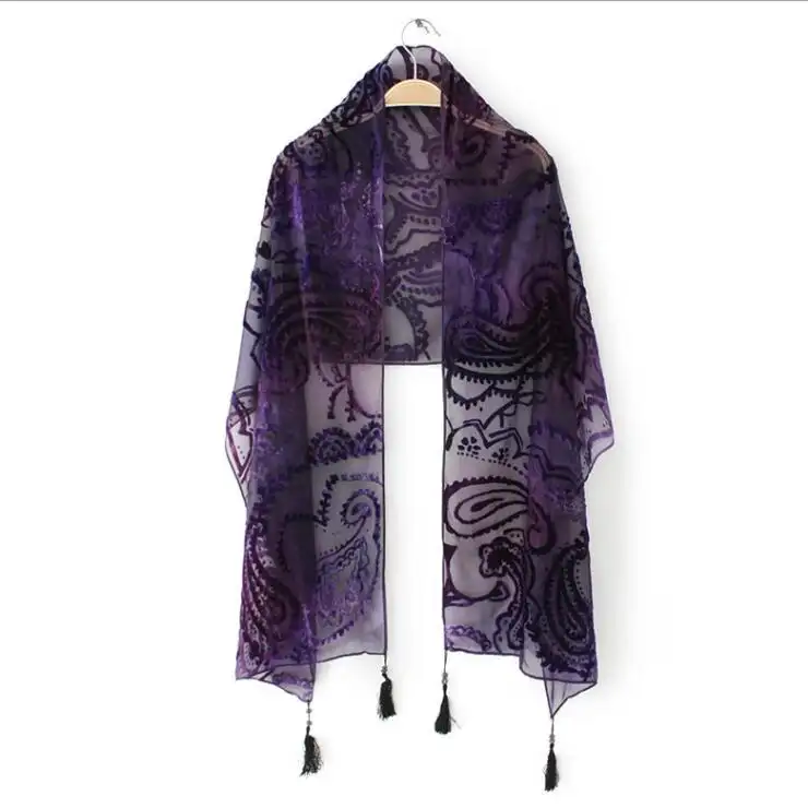 hot sale fashion silk velvet scarf with beads long 42% Viscose 58% Nylon burn-out velvet shawl