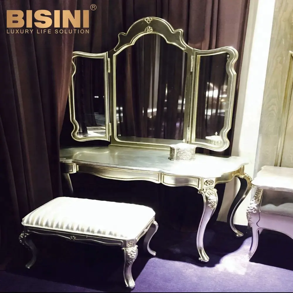 Bisini फ्रेंच शैली प्राचीन लकड़ी के ड्रेसिंग टेबल दर्पण और मल के साथ, एल्यूमीनियम पन्नी चांदी मेकअप ड्रेसर-BF07-30045