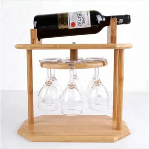 Bamboo Manufacturer Wine Rack Countertop Bamboo Goblet Display Holder Beer Bottle Shelf with 6 Glass Cups Holder