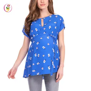 Chemise de maternité asymétrique à auto-cravate pour femmes, haut Floral imprimé, tenue décontractée et lisse