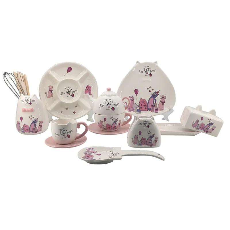 China Hersteller rosa Katze Küchen werkzeug Keramik AB Qualität Dolomit Geschirr Kinder Geschirr Geschirr Set Kinder Abendessen Set
