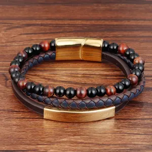 Pulsera de cuero con cuentas magnéticas para hombre, brazalete de acero inoxidable con grabado personalizado, con piedra