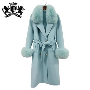 Modestil Real Double Face Furry Fox Pelz kragen Frauen Long Cashmere Coat