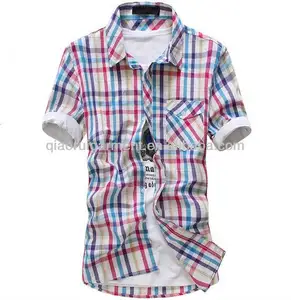 Bright color short sleeve check casual shirt for men
