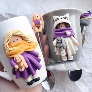 Dễ Thương Cô Gái Mug Polymer Đất Sét Gốm Cốc Cà Phê 3D Vui Mug