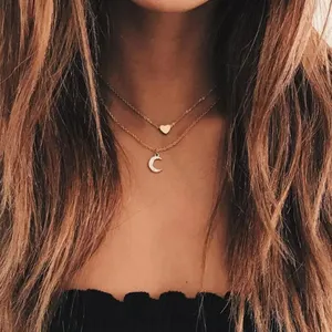 Fashion Boho Multi Layered Gold Heart Pendant Chain Necklace Fashion Geometric Metal Crescent Half Moon Necklace Wholesale