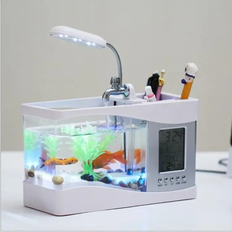 Mini lámpara de escritorio LCD USB multifuncional, recirculación, acuario, acuario, LED, pecera pequeña con agua corriente