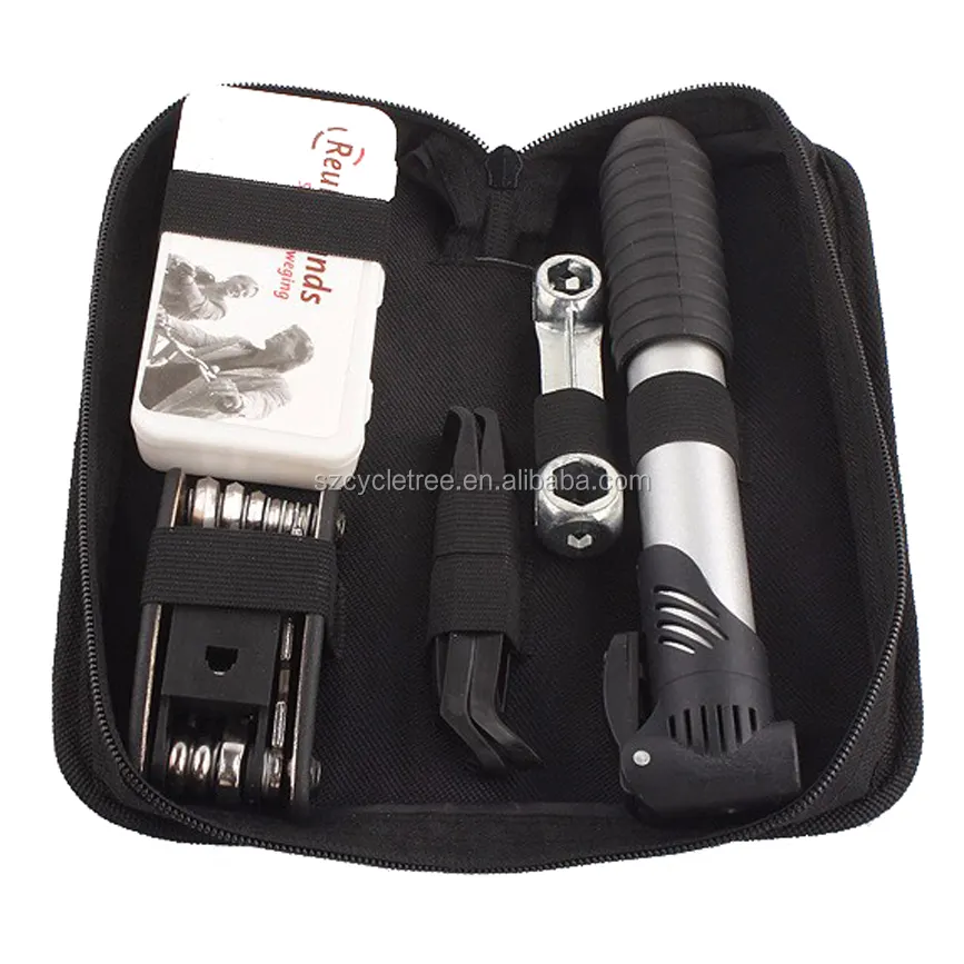 Amazon Hot Saling Gule Free Bicycle repair tool kit with mini hand inflator and Repair wrench kit
