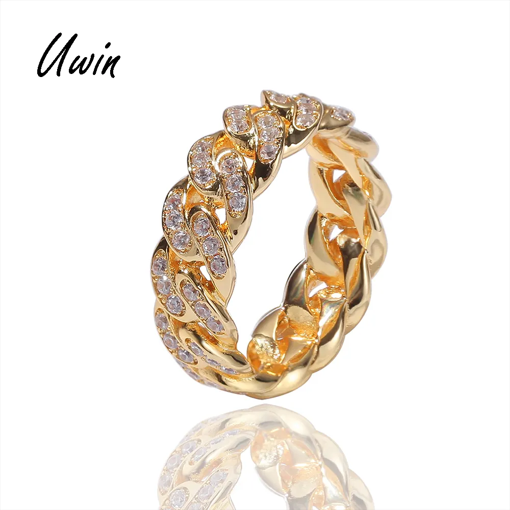 Iced Out Zirconia Cuban Chain Rings for Men 18K Gold Plated Cuban Ring CZ Diamond Jewellery