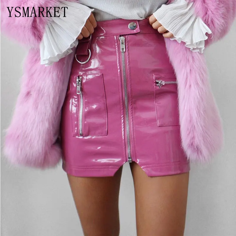 New Pink PU Leather Skirts Summer Sexy Skirts For Women Slim Split Zipper With Metal Button Mini Skirt