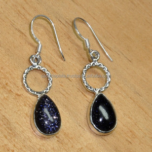 Boucles d'oreilles en argent sterling 925 de créateur faites à la main en forme de poire, pierre précieuse de sable bleu, boucles d'oreilles créoles fines Casa De Plata à bas prix - Product Image 1