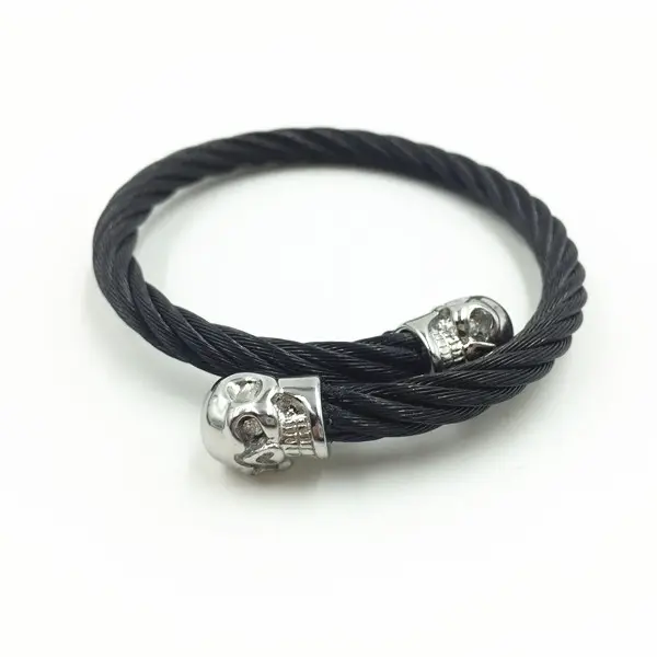 Mens Skull Bangle Bracelet Stainless Steel Twisted Cable Cuff Bracelet Silver Black Two-tone Polished