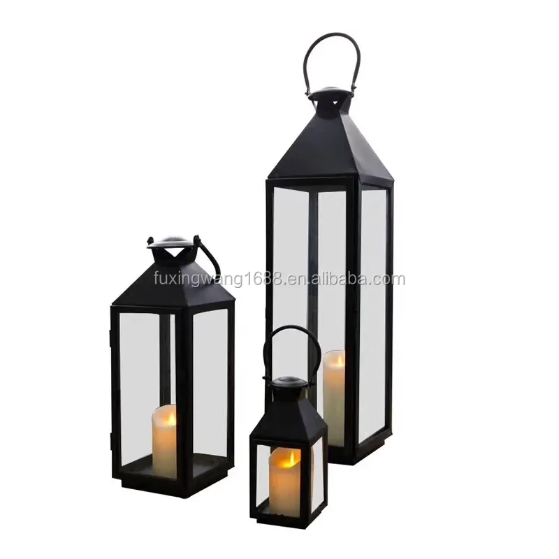 Vintage Kaars Lantaarn Met Led Kaars-Tafelblad Lantaarns Decoratieve Outdoor Grote Outdoor Opknoping Lantaarn Zwart