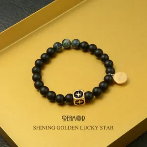 REAMOR Gelang Baja Nirkarat Batu Akik Onyx Alami, Gelang Tali Melar untuk Perhiasan Pria Wanita 8Mm Bintang Keberuntungan Emas