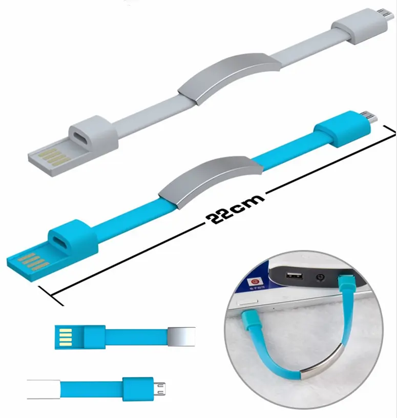 Pulseira com pulseira plana USB Micro IOS Tipo-C Carregador portátil USB para celular, mini 22 cm, venda imperdível, 2024