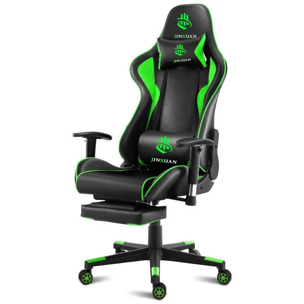 Silla de Gaming con reposapiés para PC, asiento de Gaming de carreras, reclinable, de cuero negro, verde, personalizado, colorido, para oficina