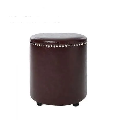 Modern ASSEMBLED Brown Round Pouf Leather Ottoman