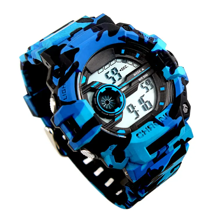 Reloj de pulsera deportivo Digital para hombre, accesorio de pulsera con pantalla LCD, diseño de camuflaje azul, resistente al agua, personalizado con Led