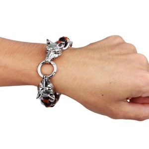Acero inoxidable de la cabeza del lobo de la cadena cubana pulsera trenzada cuero cuerda pulsera Negro Marrón Plata - Product Image 2