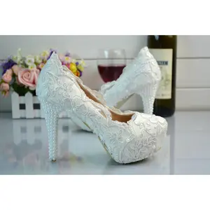 BS007 Women Fashion Sweet White Flower Lace Platform High Heels Pearls rhinestone Wedding Shoes Bride Dress Shoes