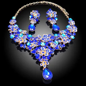 New Dark Blue Rock Pha Lê Đá Hai Mảnh Thiết Lập Trang Sức Đặt Ấn Độ Bất Tự Nhiên Bảo Quản Hoa Pakistan Bridal Costume Set