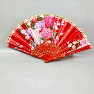 中国花卉花卉面料蕾丝折叠手扇舞蹈婚礼扇子节日派对用品