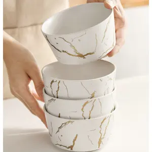 Yeni tasarım sofra benzersiz beyaz porselen yemek servis kasesi altın intersperse