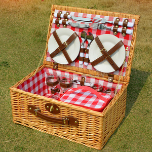 4 Person Wicker Picnic Basket Hamper Set with Flatware, Plates and Wine Glasses Includes FREE picnic basket