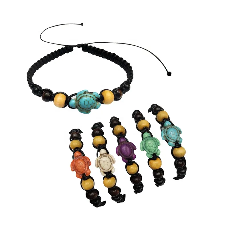 New fashion jewelry wooden bead bracelet colorful gemstone turtle pendant braided bracelet