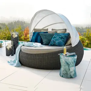 シグマ全天候型屋外円形ソファ家具ガーデンラウンドベッド屋外パティオ籐快適なベッドデイベッドキャノピー付き