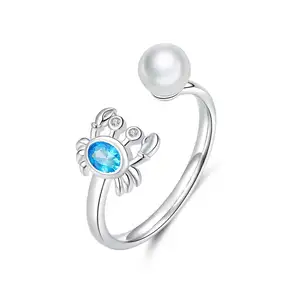 BAGREER SCR528 adjustable elegant blue zc stone freshwater pearl custom charm 925 silver crab rings women jewelry