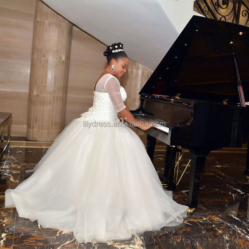 NE265 Plus Size Ball Gown Wedding Dress with Pearls & Lace