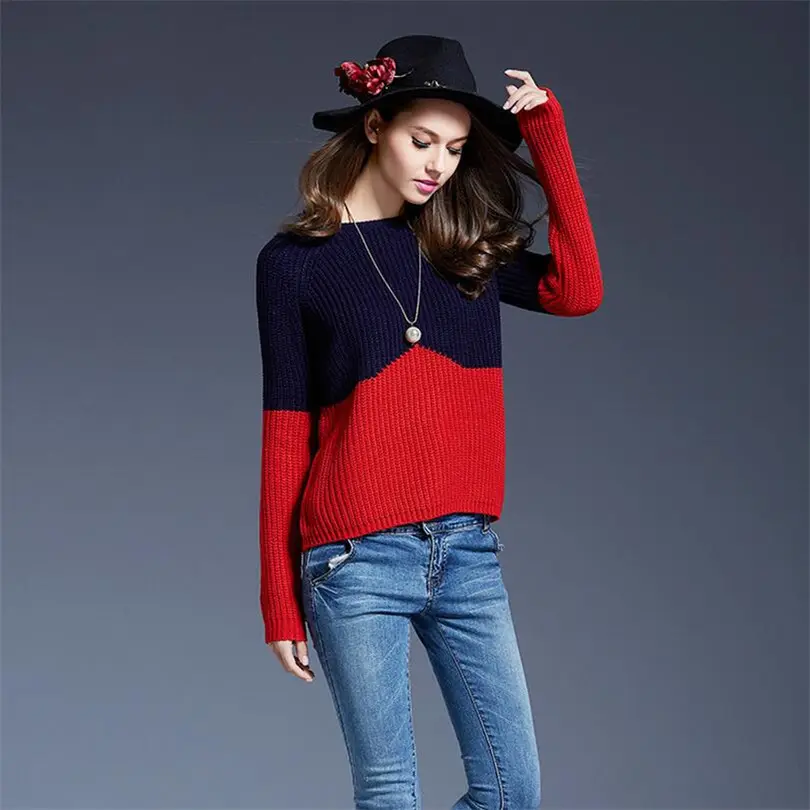CUHAKCI Autumn Winter New Woman High Elastic Hit Color Stitching Lady CASUAL Pullover Knit Sweater Pullovers