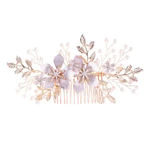 Yiwu High-End Metalen Tiara Bruiloft Strass Bruids Haar Kam Rose Gouden Bloem Haar Kammen